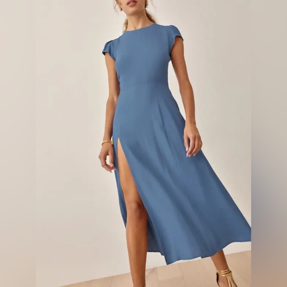 Reformation Dusty Blue Cap-Sleeve Maxi Dress with High Side Slit